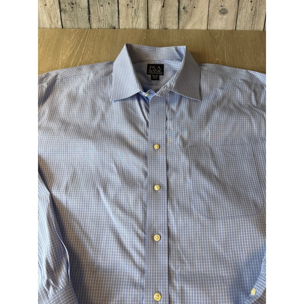 Jos A Bank Travelers Collection Dress Shirt Mens 16.5-34 Blue White Micro Check